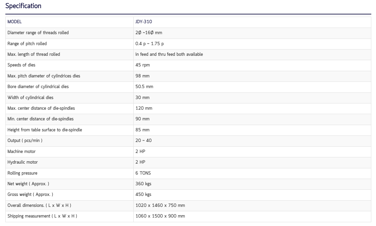 รายละเอียดเครื่องรีดเกลียว รุ่น JDY-310